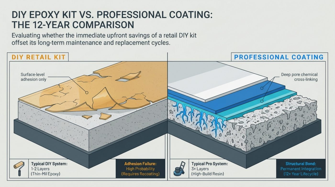 DIY epoxy kit vs professional coating: the 12-year comparison